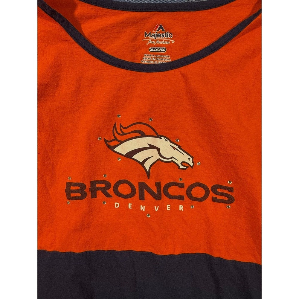 Majestic‎ Denver Broncos Orange Navy 3/4 Sleeve Rhinestone Logo Shirt Women XL - Picture 2 of 5
